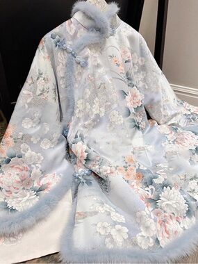 Pastel Blue Floral Fur-Trimmed Chinese Coat